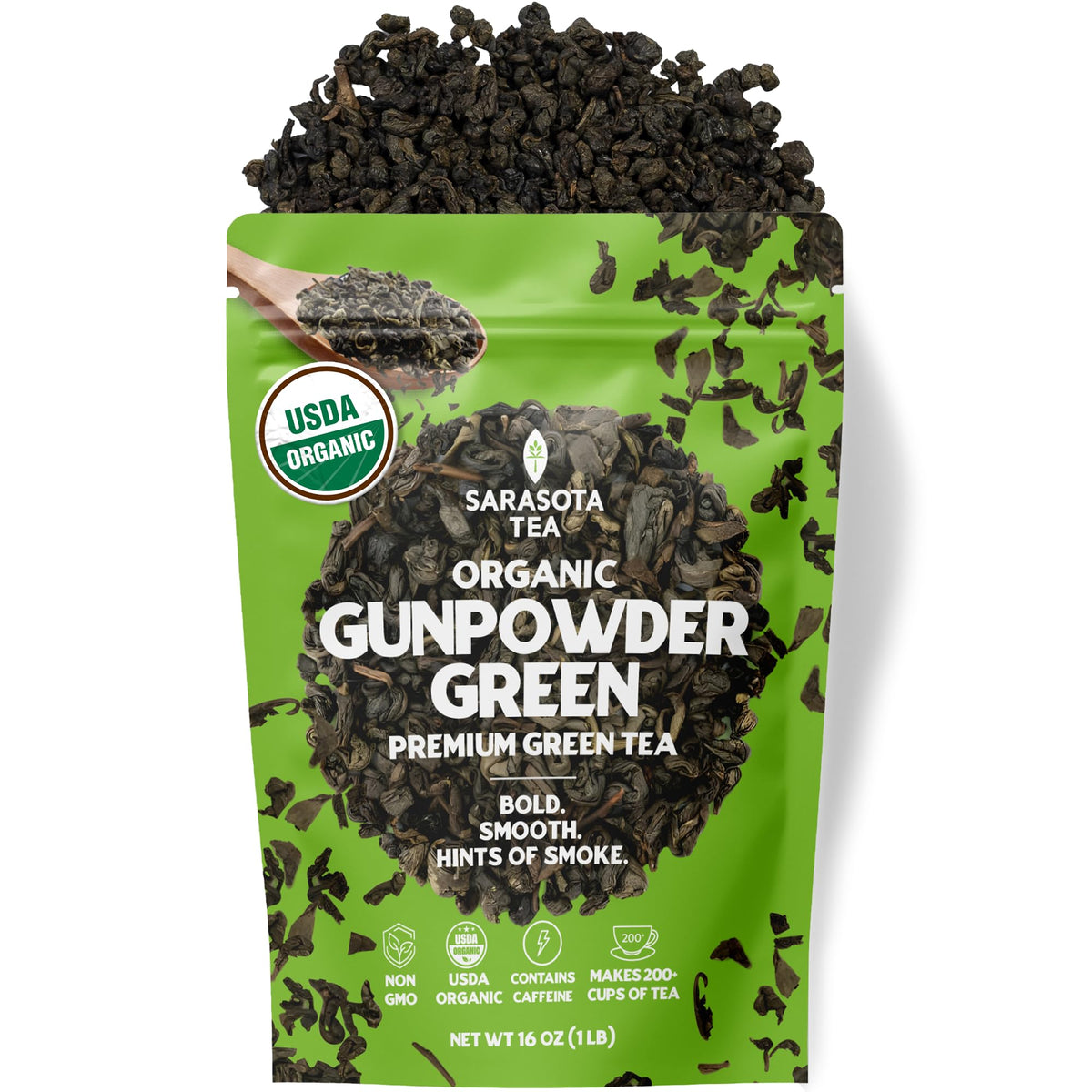 Sarasota Coffee & Tea Co. Organic Gunpowder loose-leaf tea ready for brewing.