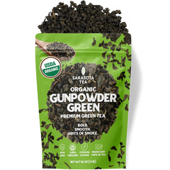 Sarasota Coffee & Tea Co. Organic Gunpowder loose-leaf tea ready for brewing.