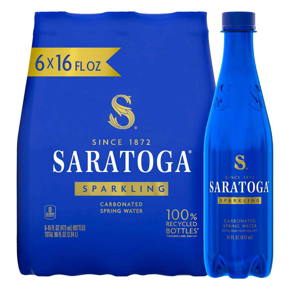 Saratoga Sparkling Water 16oz cobalt blue bottle in a 6-pack for on-the-go refreshment.