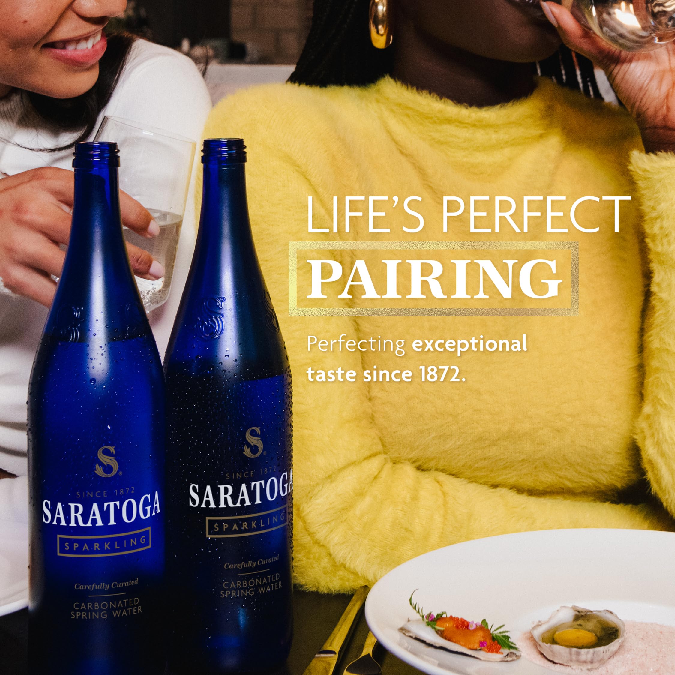 Saratoga Sparkling Water cobalt-blue bottle highlights premium packaging and eco-friendliness.