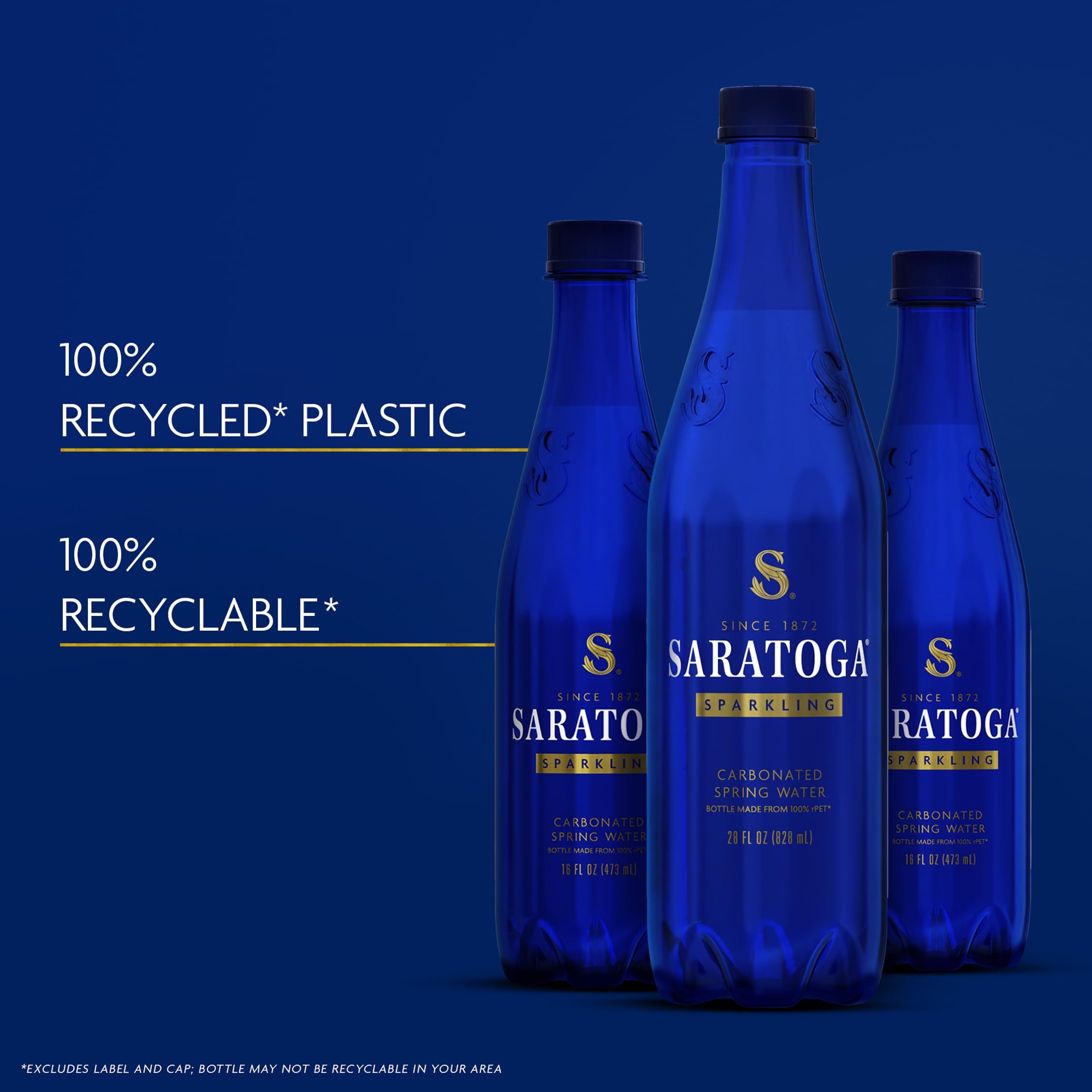 Saratoga sparkling water bottle made from recycled plastic outdoors