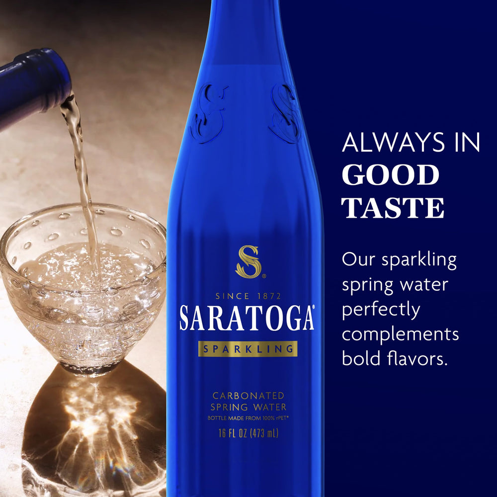 Saratoga Sparkling Water bottle close-up showing lively bubbles and clarity.