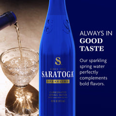 Saratoga Sparkling Water bottle close-up showing lively bubbles and clarity.