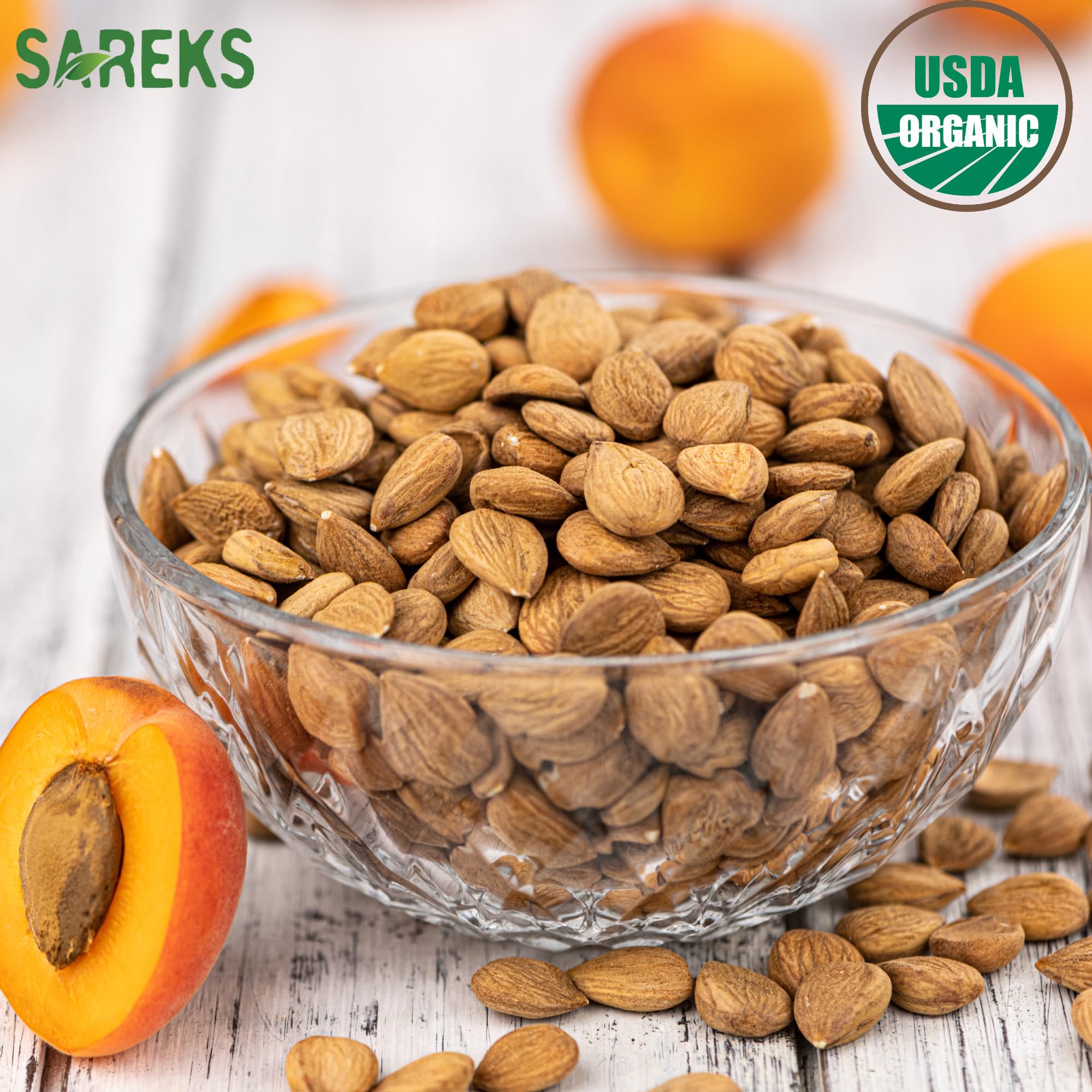SAREKS Bitter Apricot Kernels with EU and USDA organic certification on packaging