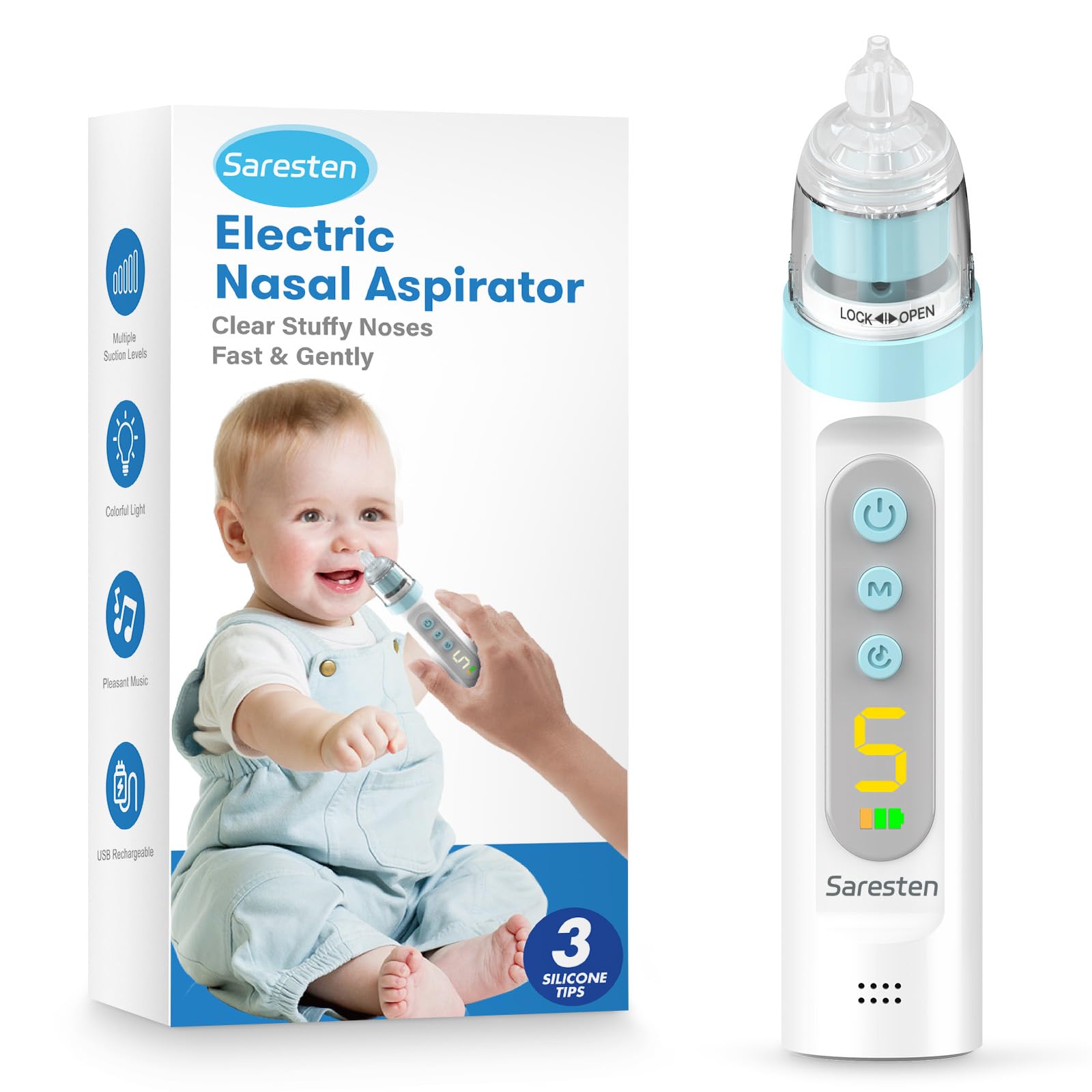 Baby using Saresten nasal aspirator to clear nasal passages.