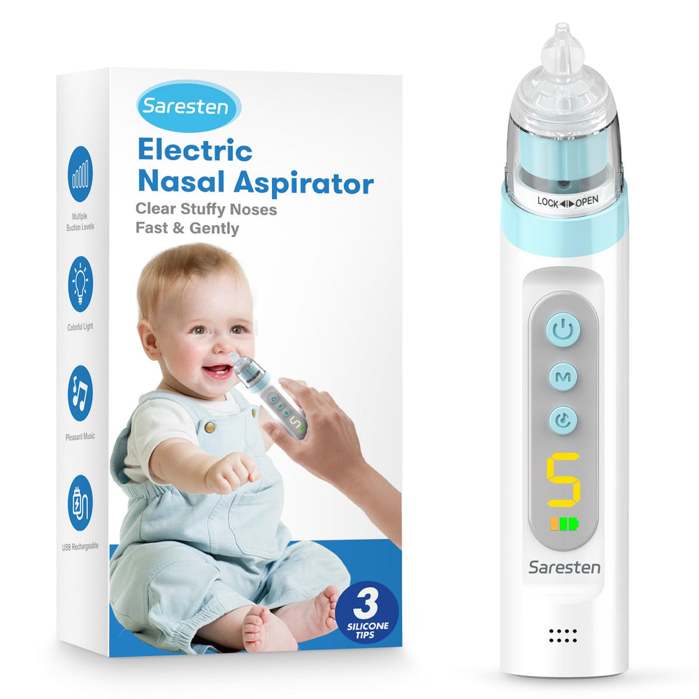 Baby using Saresten nasal aspirator to clear nasal passages.
