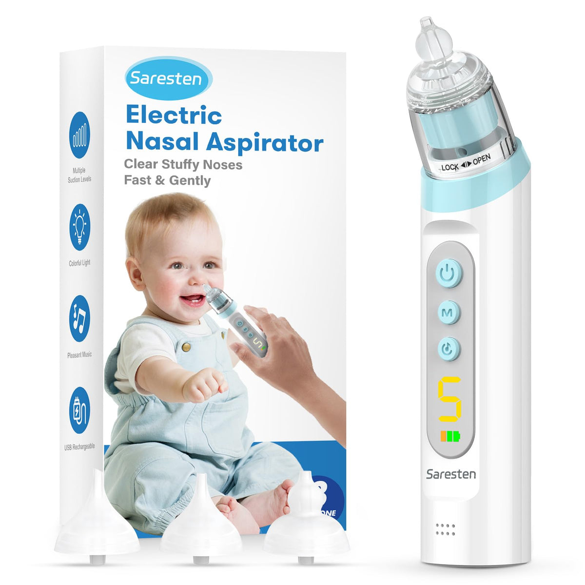 Saresten nasal aspirator front view in blue for quick baby relief.