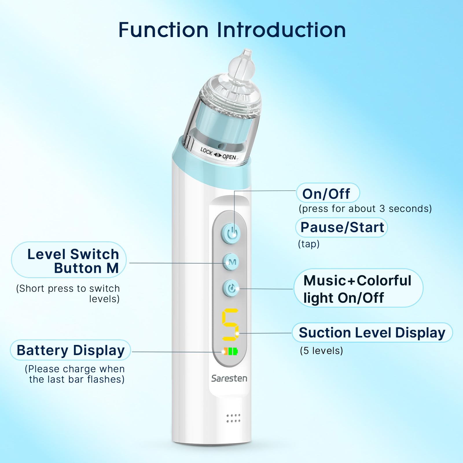 Music and light function on Saresten nasal aspirator helps soothe.