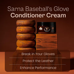 SARNA Baseball Glove Conditioner being applied to leather panel for controlled break-in