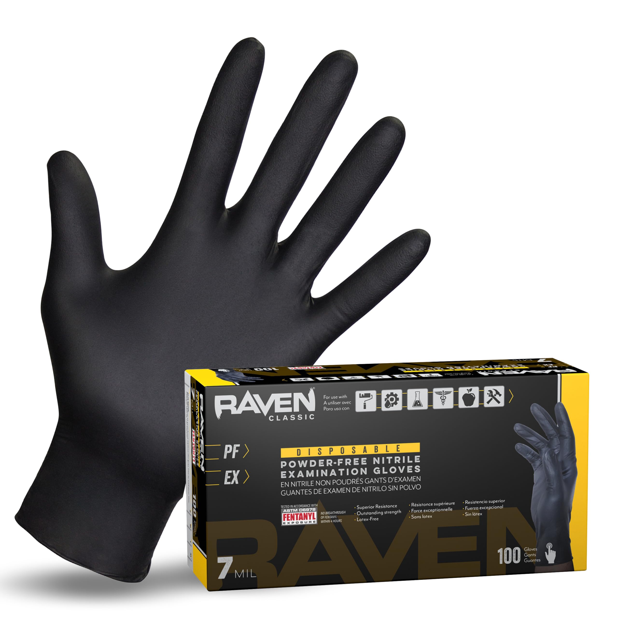 SAS Raven gloves front view in black nitrile, 7 mil, large for industrial use.