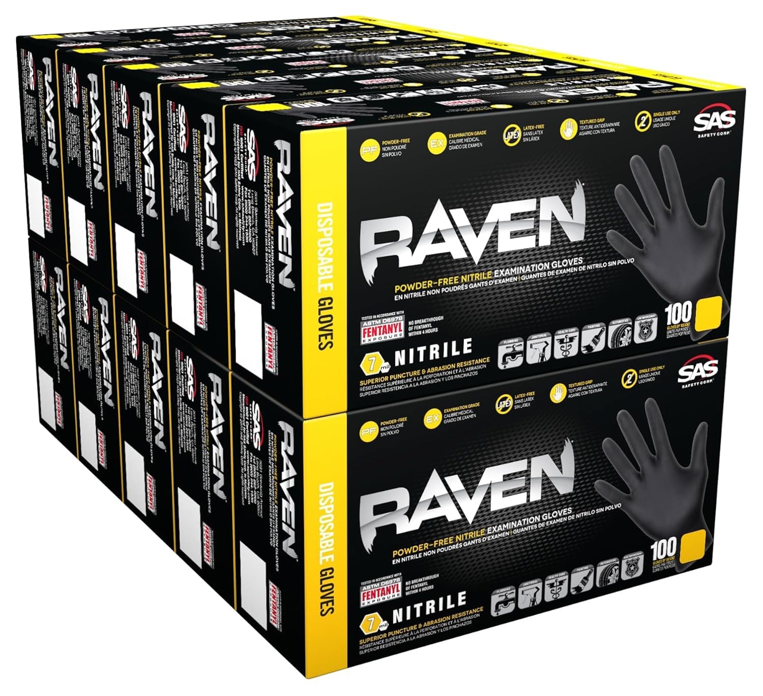 SAS Raven 66518 black nitrile gloves pack front view, powder-free and ambidextrous.
