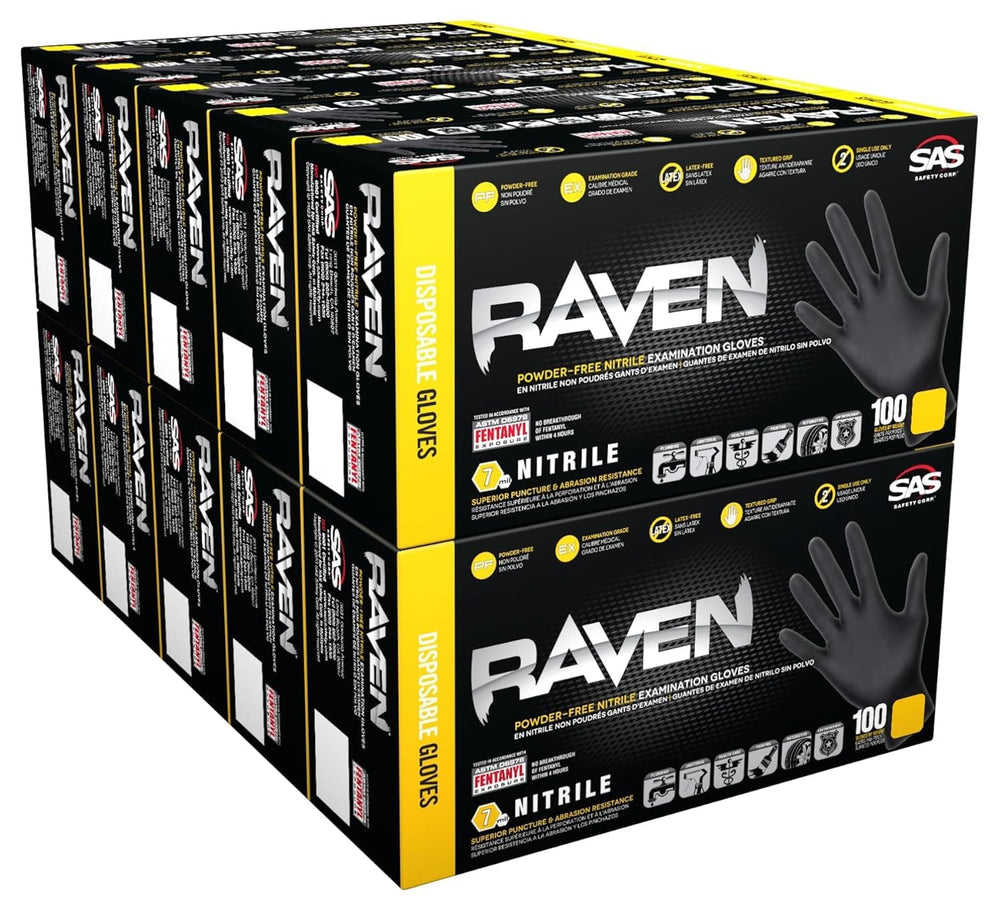 SAS Raven 66518 black nitrile gloves pack front view, powder-free and ambidextrous.