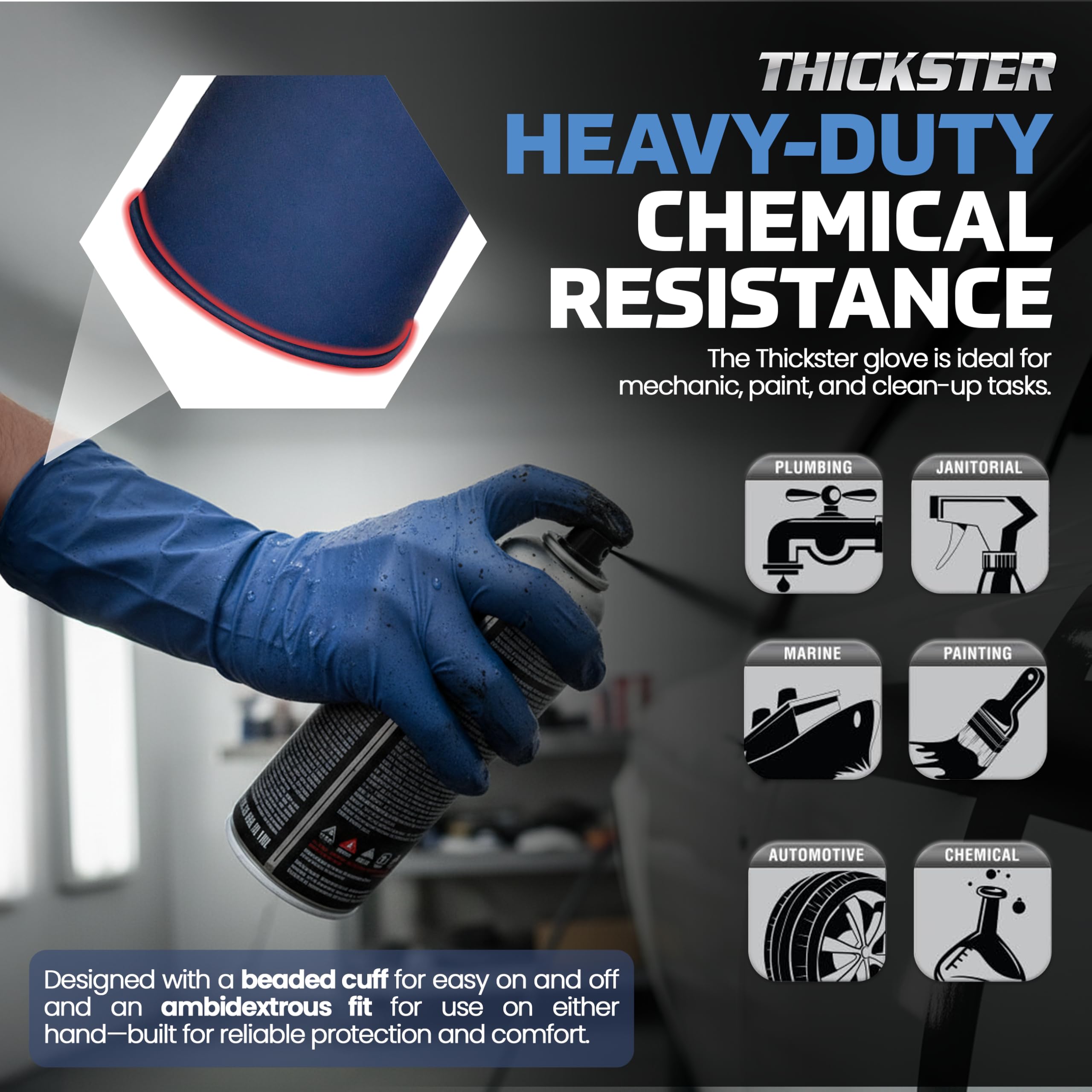 SAS Thickster blue gloves in a 50-count box for easy use and stocking.