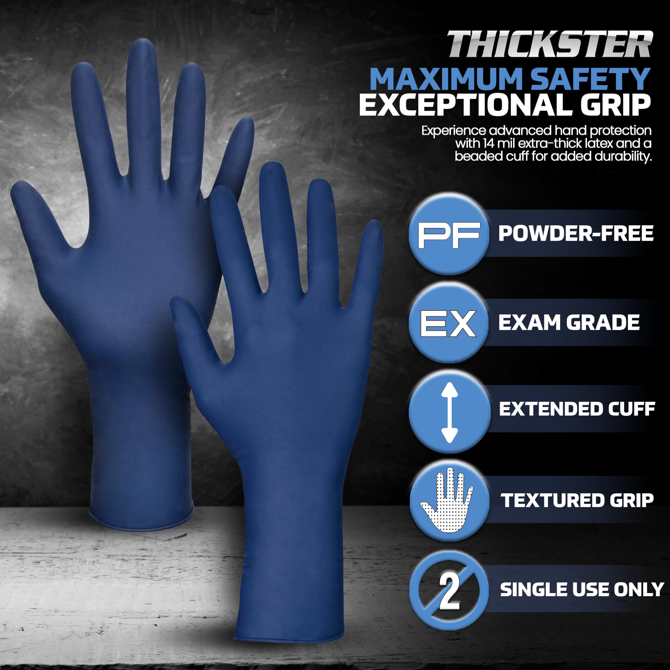 SAS Thickster blue powder-free latex glove, 14 mil, ambidextrous for versatile use.