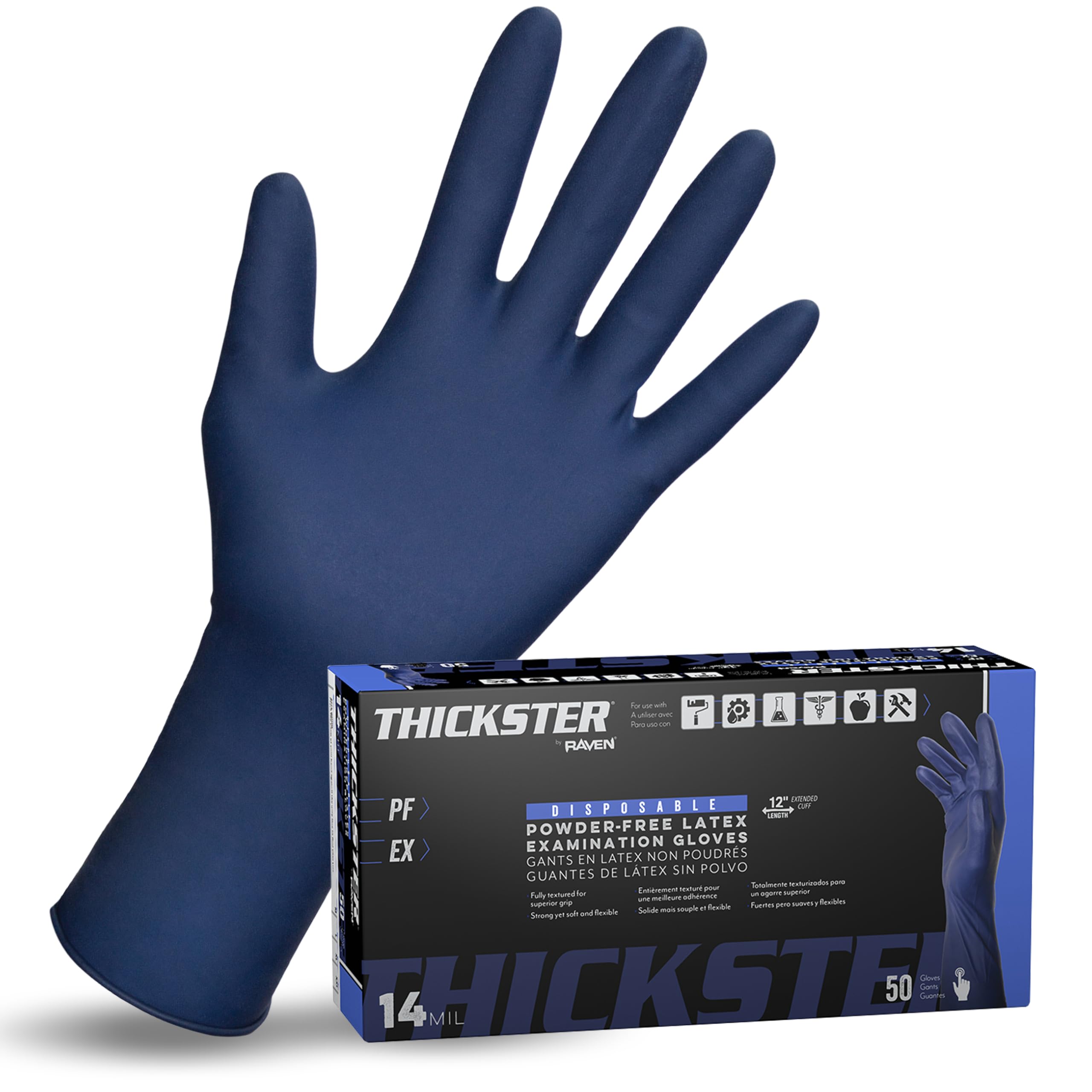 SAS Thickster powder-free latex gloves with textured blue grip for precise handling.