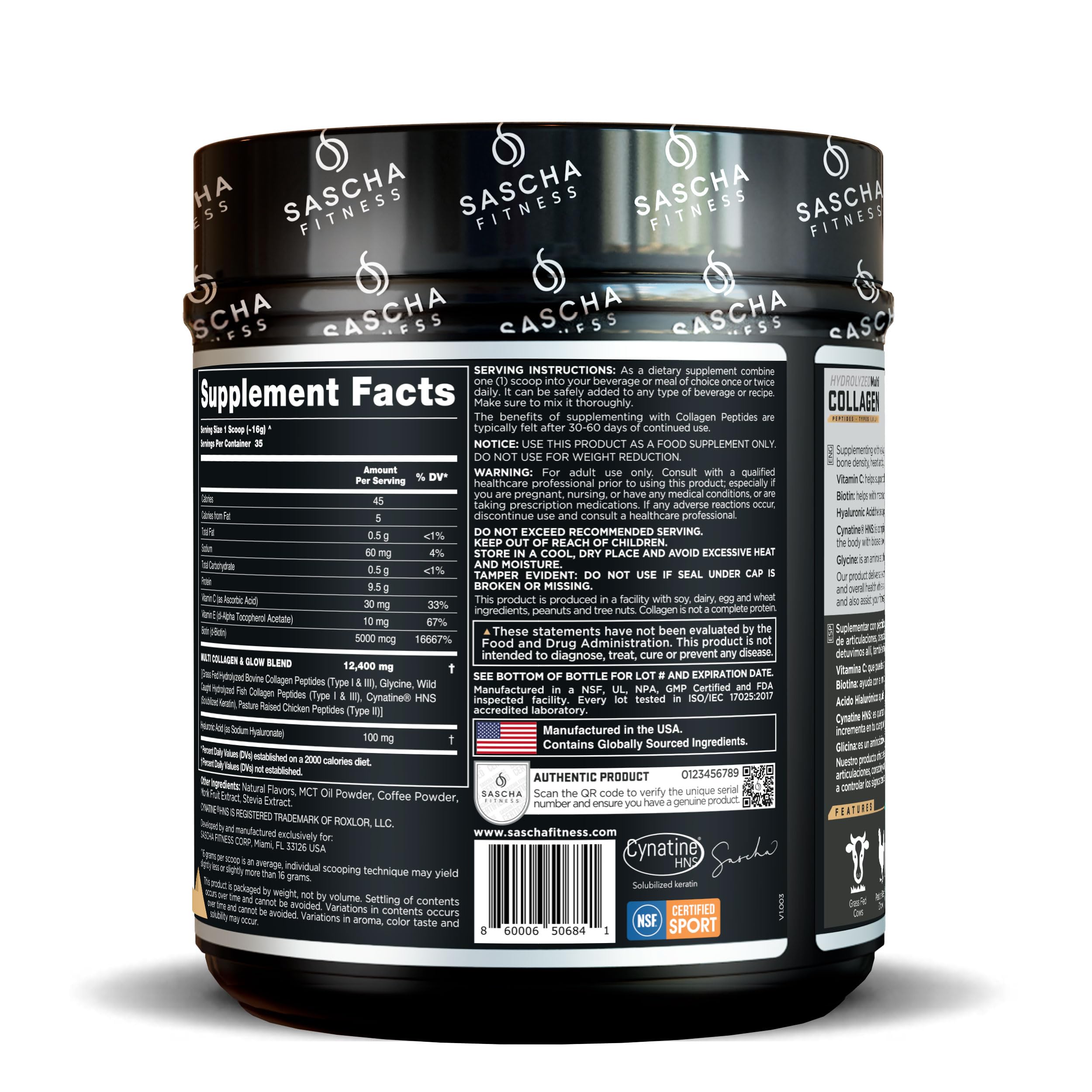 SASCHA FITNESS Cynatine HSN bottle highlights advanced ingredients for beauty