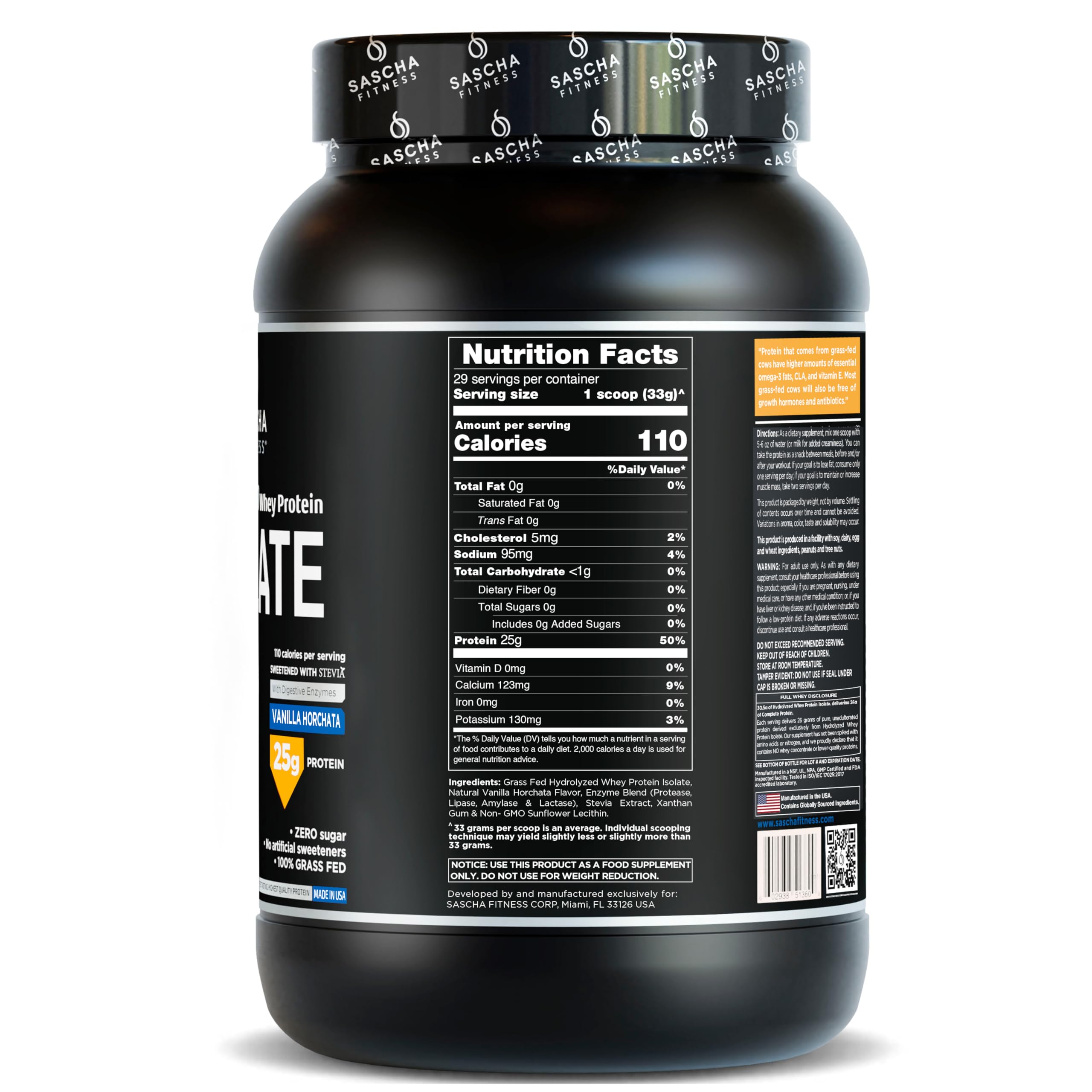 SASCHA FITNESS 2 lb packaging with grass-fed origin notes on a clean countertop