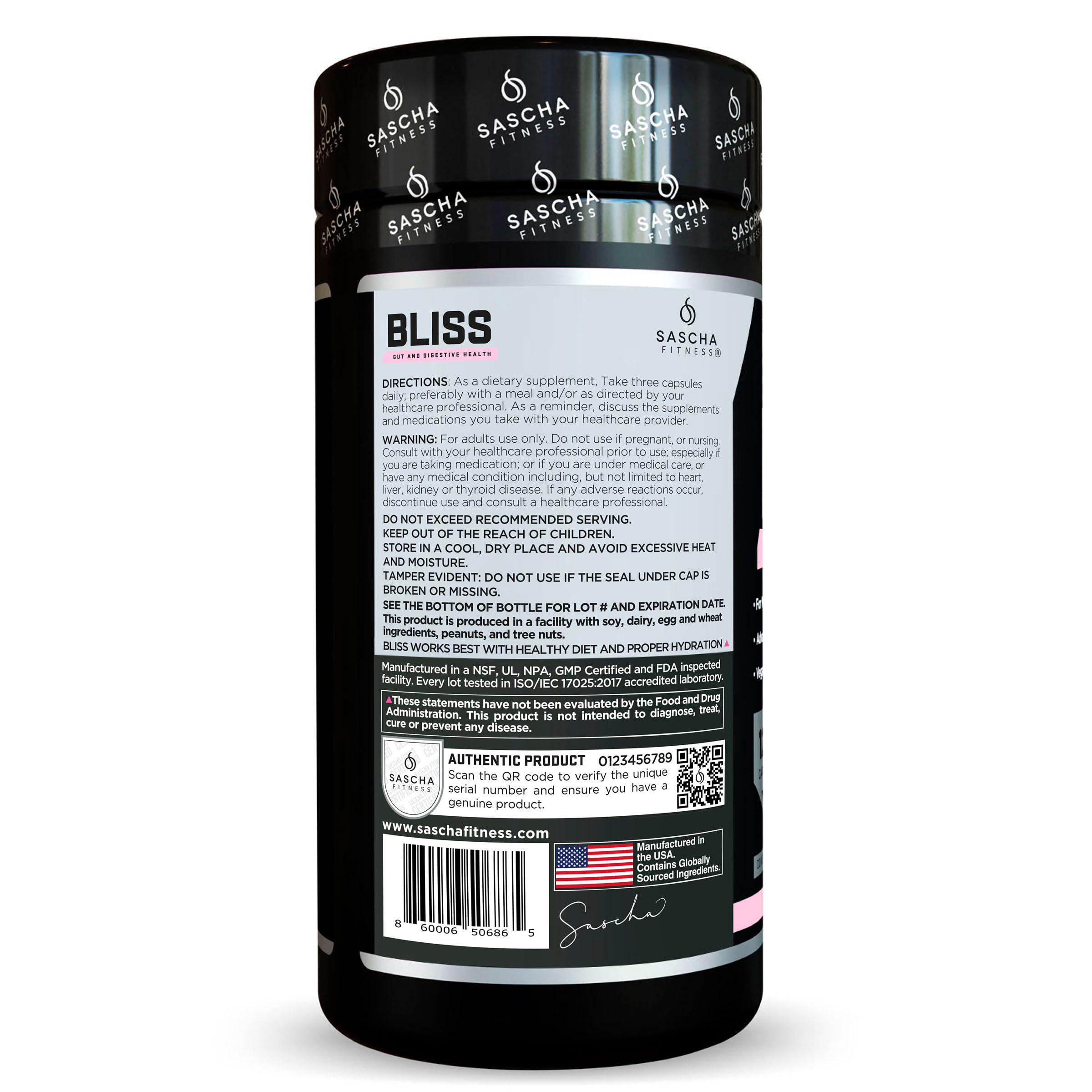 SASCHA FITNESS gut health ingredients panel shows the prebiotic-enzyme blend for digestion support.