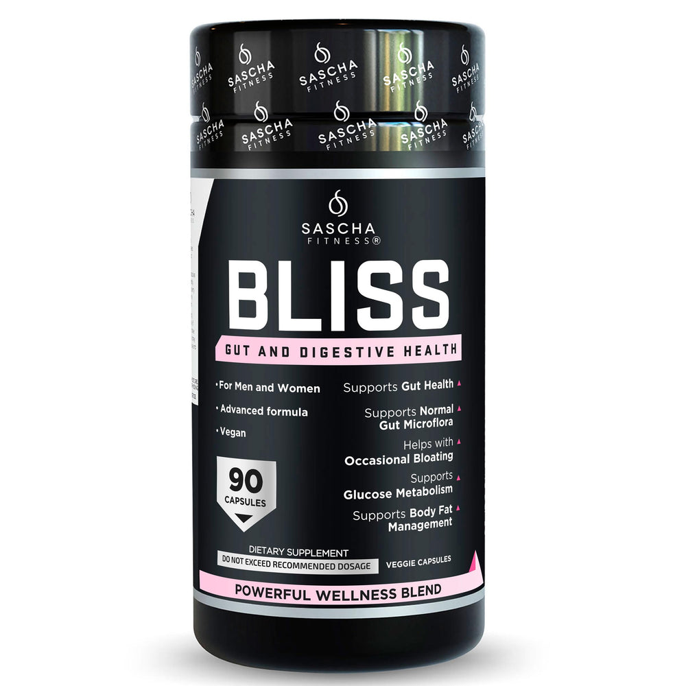SASCHA FITNESS gut health pills bottle close-up, highlighting digestion support.