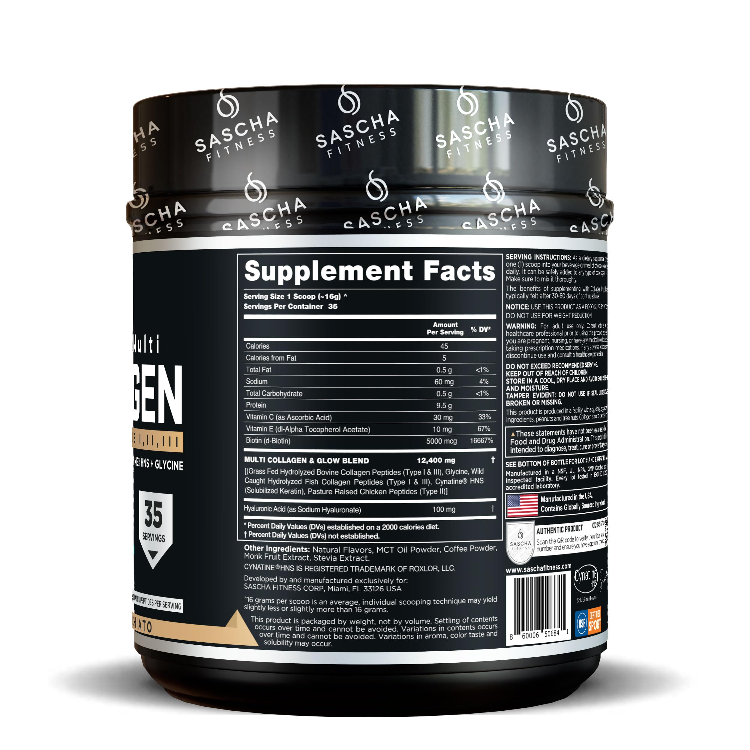 SASCHA FITNESS hyaluronic acid and Cynatine HSN on the label for hair wellness