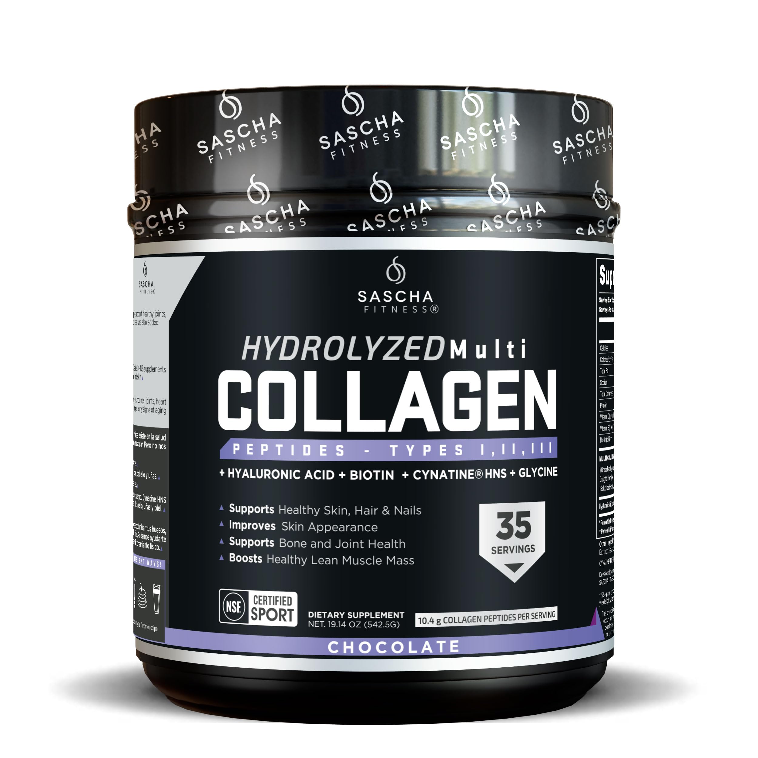 SASCHA FITNESS hydrolyzed multi collagen bottle front highlighting hair and skin support