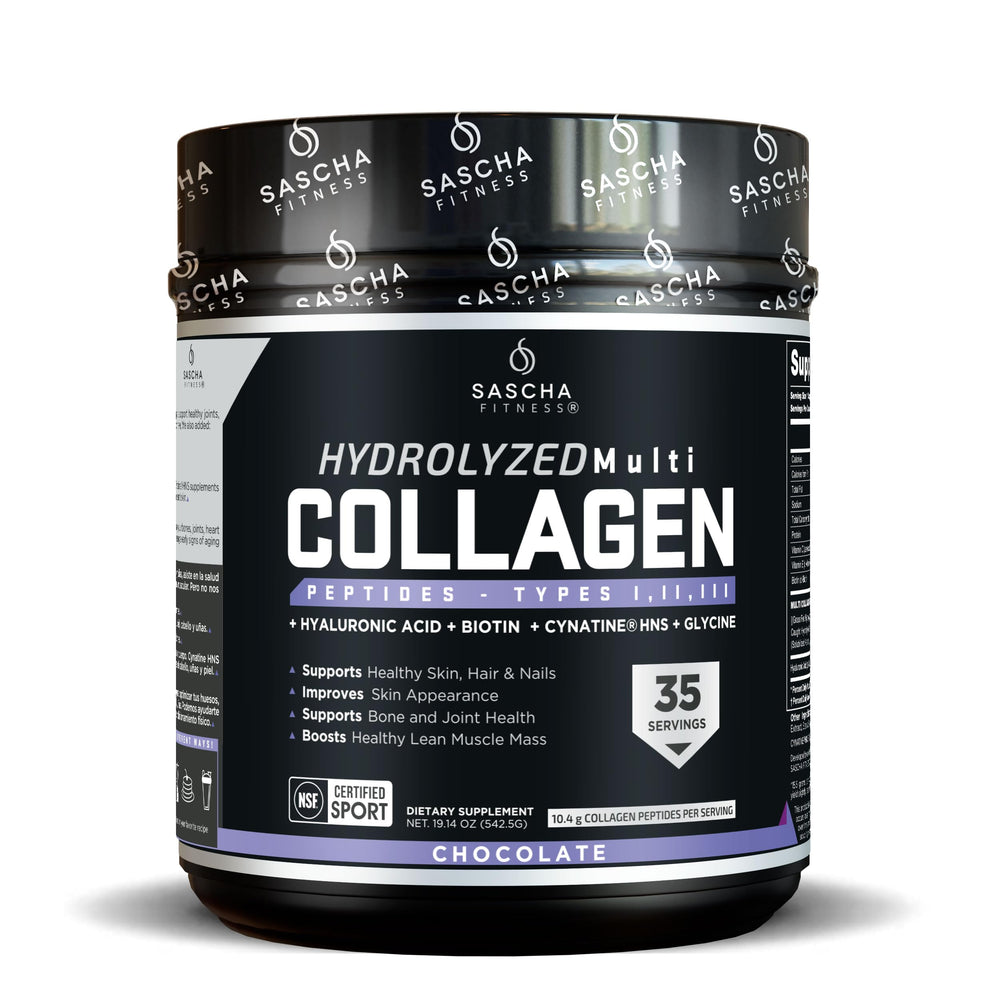 SASCHA FITNESS hydrolyzed multi collagen bottle front highlighting hair and skin support