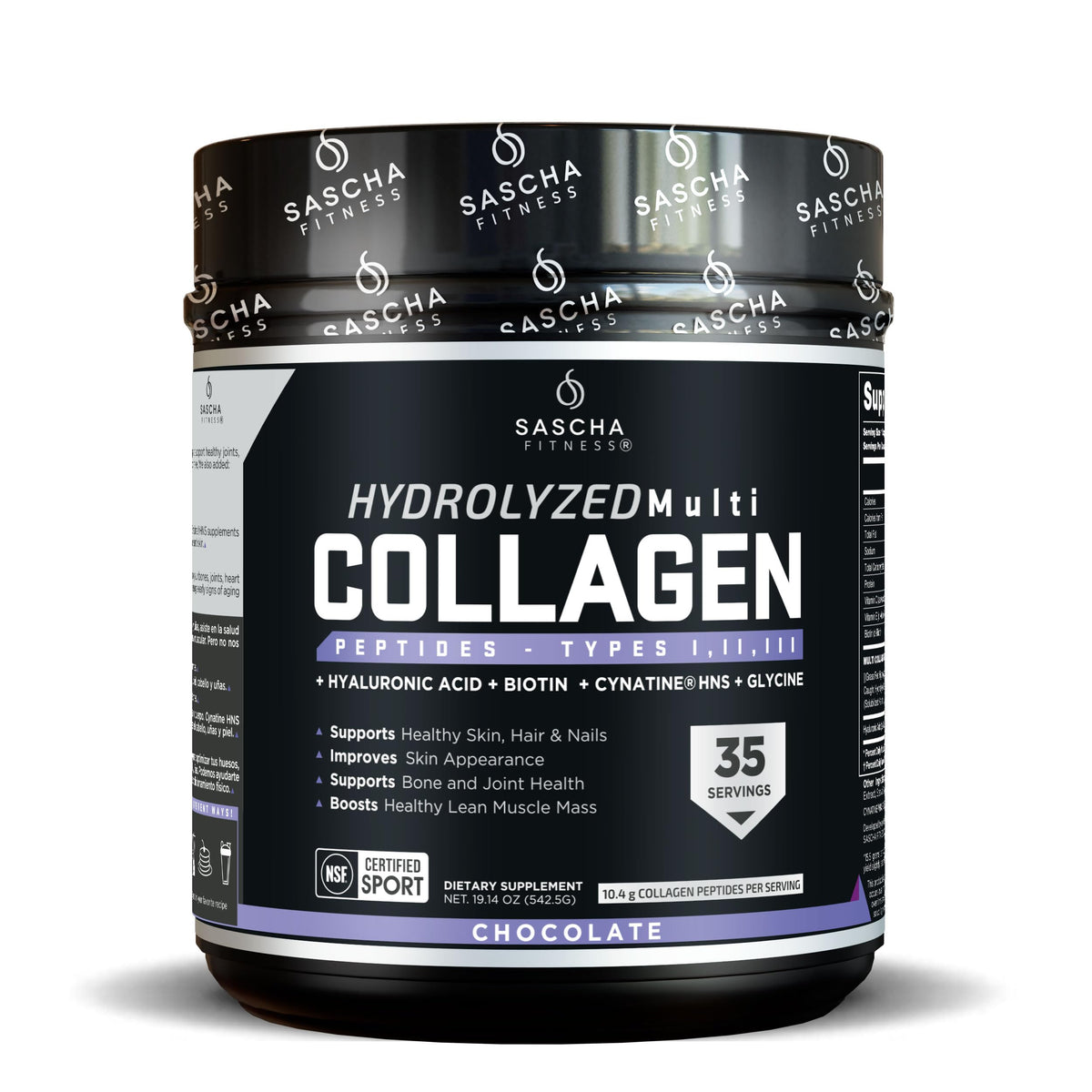 SASCHA FITNESS hydrolyzed multi collagen bottle front highlighting hair and skin support