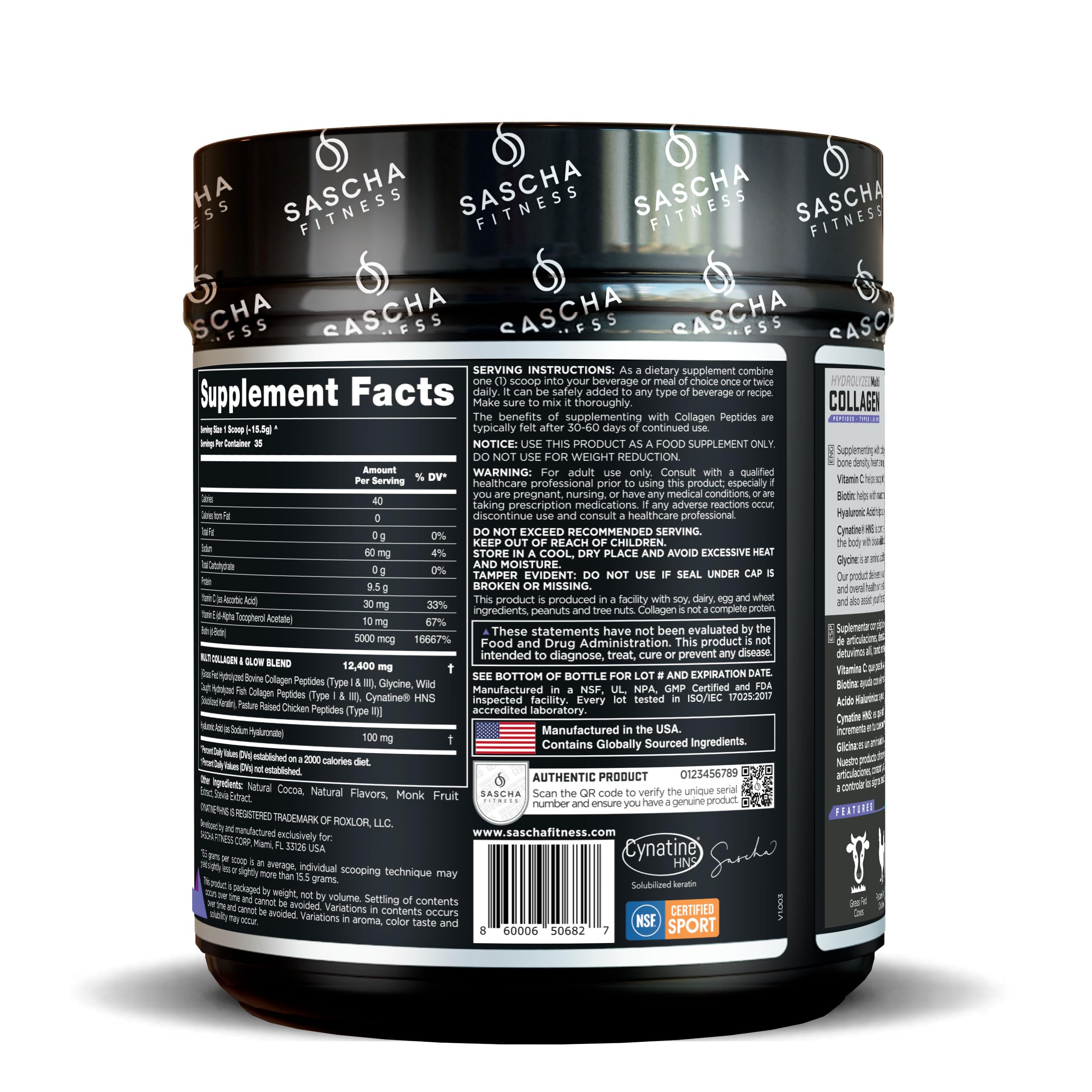 SASCHA FITNESS hydrolyzed collagen ingredients panel highlights hyaluronic acid and vitamins