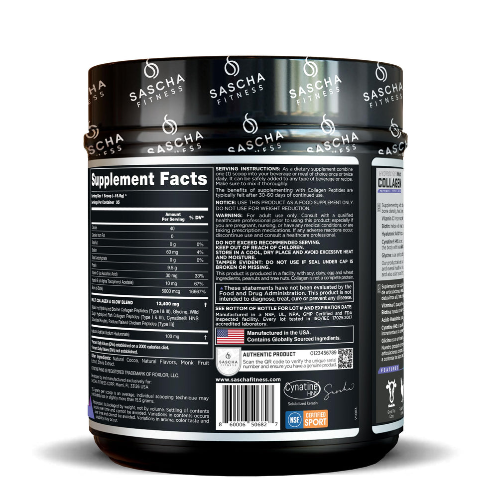 SASCHA FITNESS hydrolyzed collagen ingredients panel highlights hyaluronic acid and vitamins