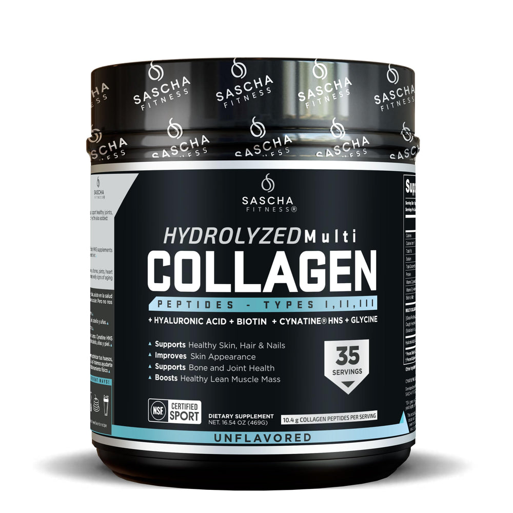 SASCHA FITNESS Hydrolyzed Multi Collagen Peptides bottle pouring for daily beauty and joint support.
