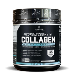 SASCHA FITNESS Hydrolyzed Multi Collagen Peptides bottle pouring for daily beauty and joint support.