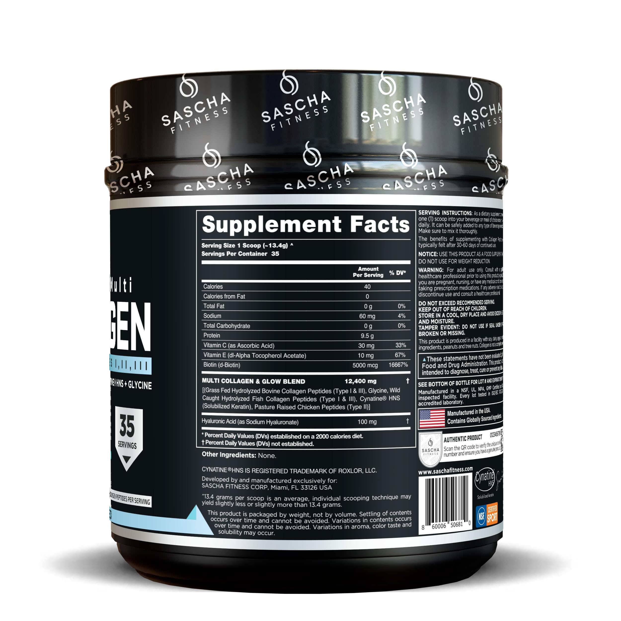 SASCHA FITNESS Hydrolyzed Multi Collagen Peptides label closeup highlighting hyaluronic acid for skin hydration.