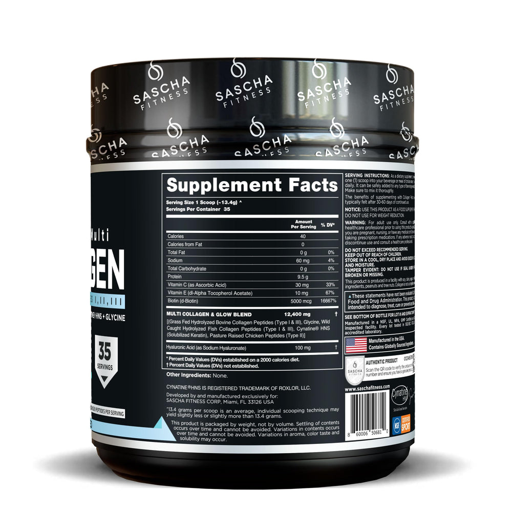 SASCHA FITNESS Hydrolyzed Multi Collagen Peptides label closeup highlighting hyaluronic acid for skin hydration.