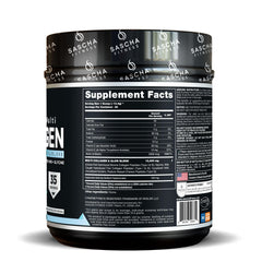 SASCHA FITNESS Hydrolyzed Multi Collagen Peptides label closeup highlighting hyaluronic acid for skin hydration.