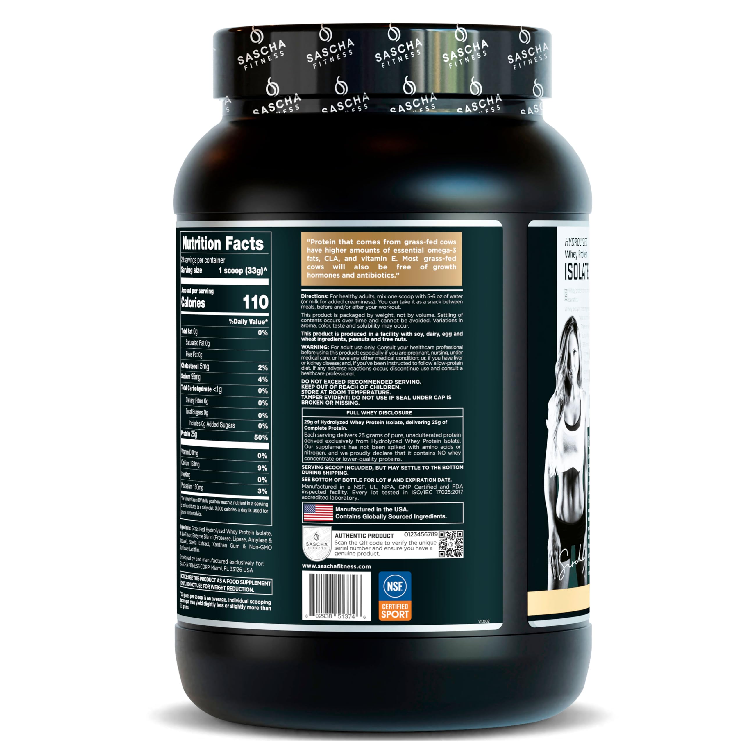 Sascha Fitness caramel nutrition panel graphic showing zero carbs and high protein