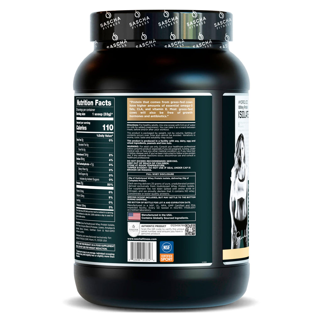 Sascha Fitness caramel nutrition panel graphic showing zero carbs and high protein