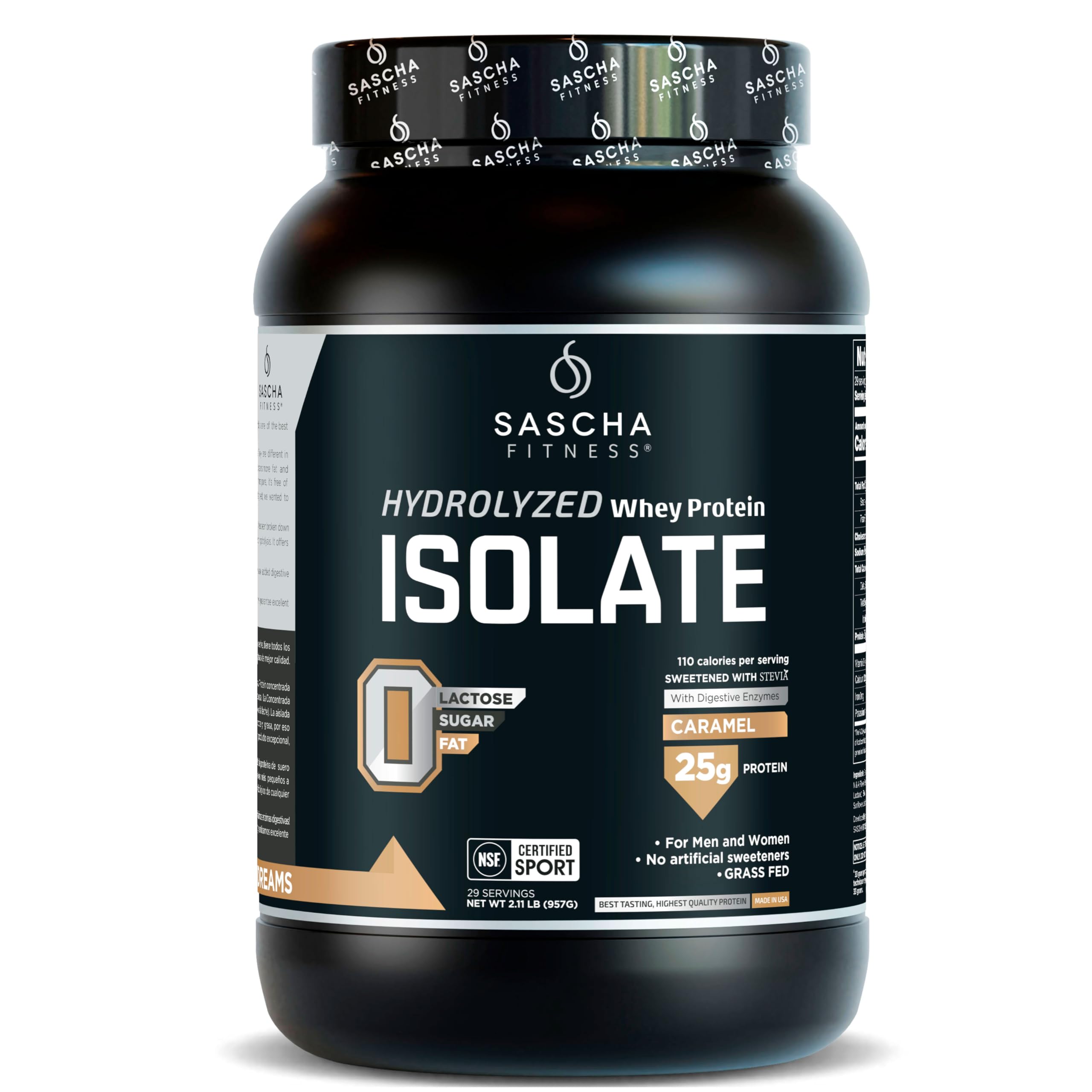 Sascha Fitness hydrolyzed whey protein isolate caramel packaging emphasizing fast-absorbing grass-fed protein