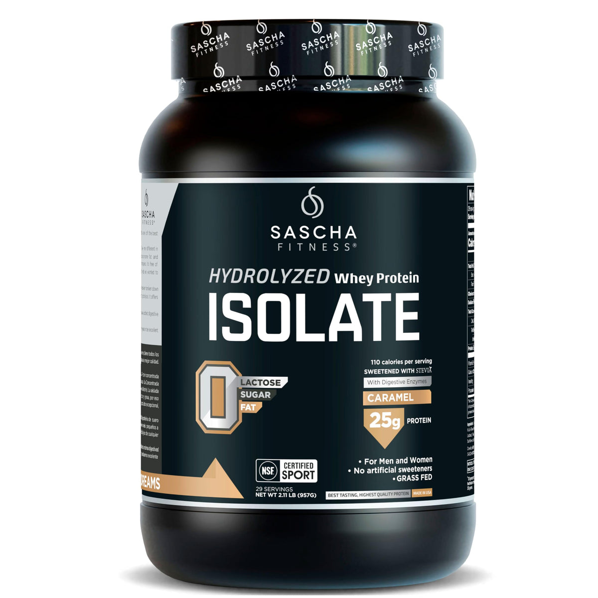 Sascha Fitness hydrolyzed whey protein isolate caramel packaging emphasizing fast-absorbing grass-fed protein