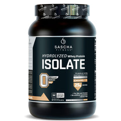 Sascha Fitness hydrolyzed whey protein isolate caramel packaging emphasizing fast-absorbing grass-fed protein