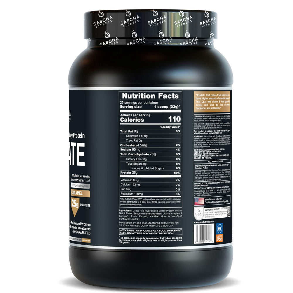 Sascha Fitness caramel scoop and shaker shot for quick post-workout protein intake