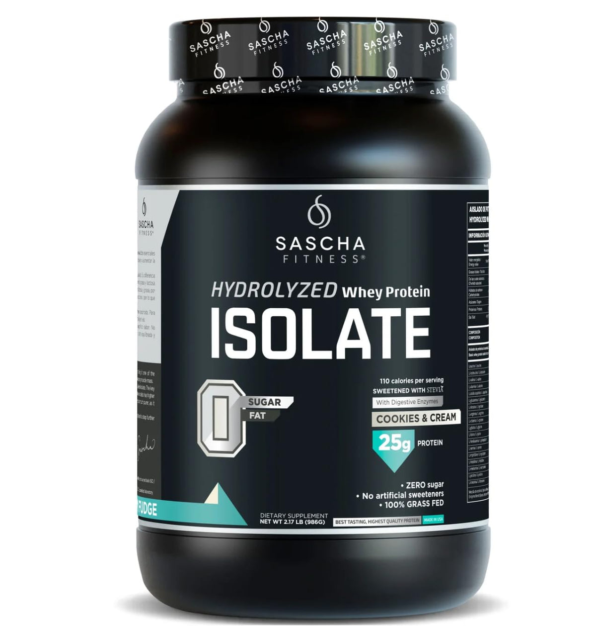 Sascha Fitness hydrolyzed whey protein isolate cookies and cream jar for fast absorption and lean-muscle support.