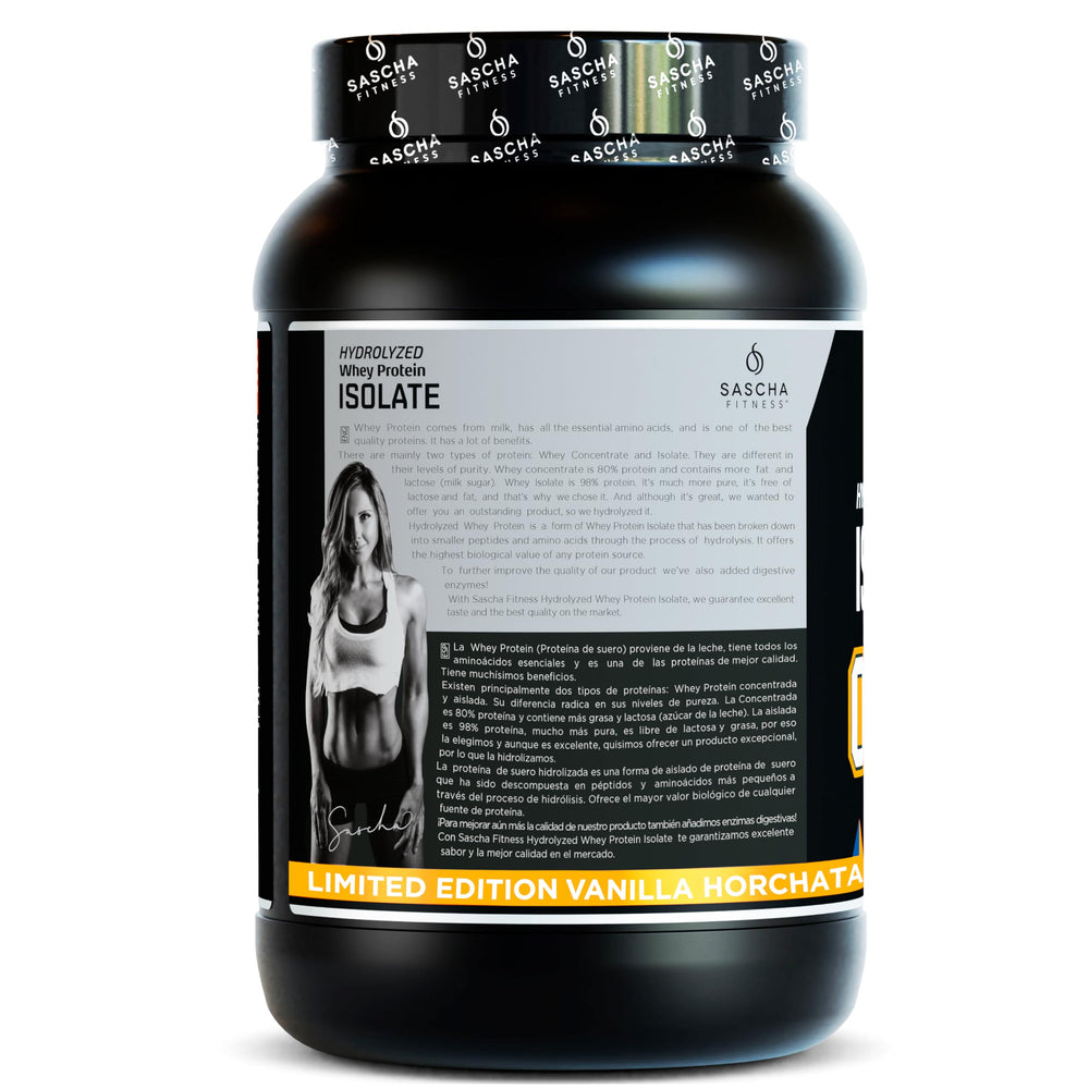 SASCHA FITNESS hydrolyzed whey isolate label highlighting digestive enzymes for digestion