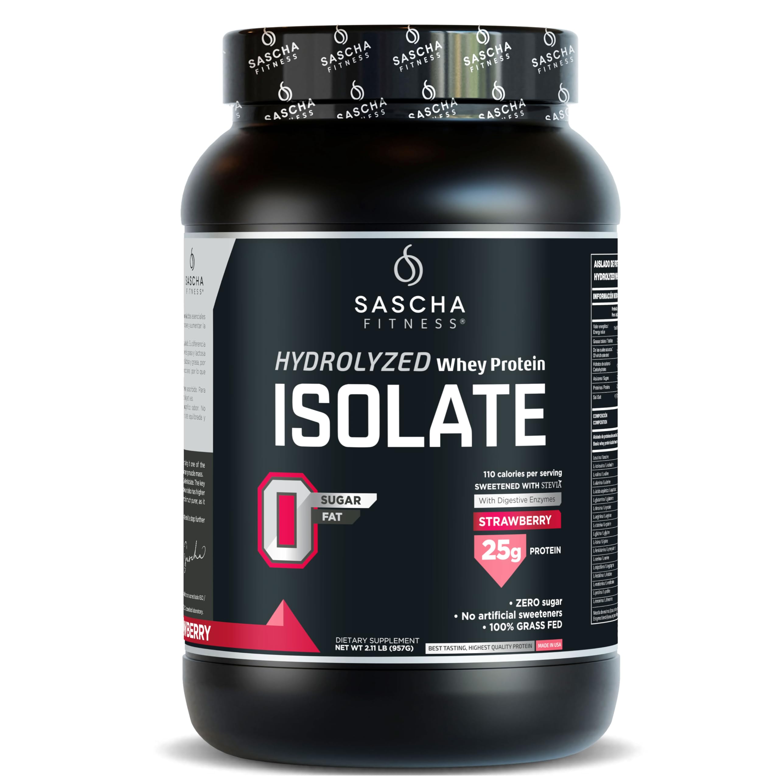 Sascha Fitness hydrolyzed whey strawberry bottle supports fast post-workout recovery