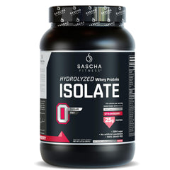 Sascha Fitness hydrolyzed whey strawberry bottle supports fast post-workout recovery