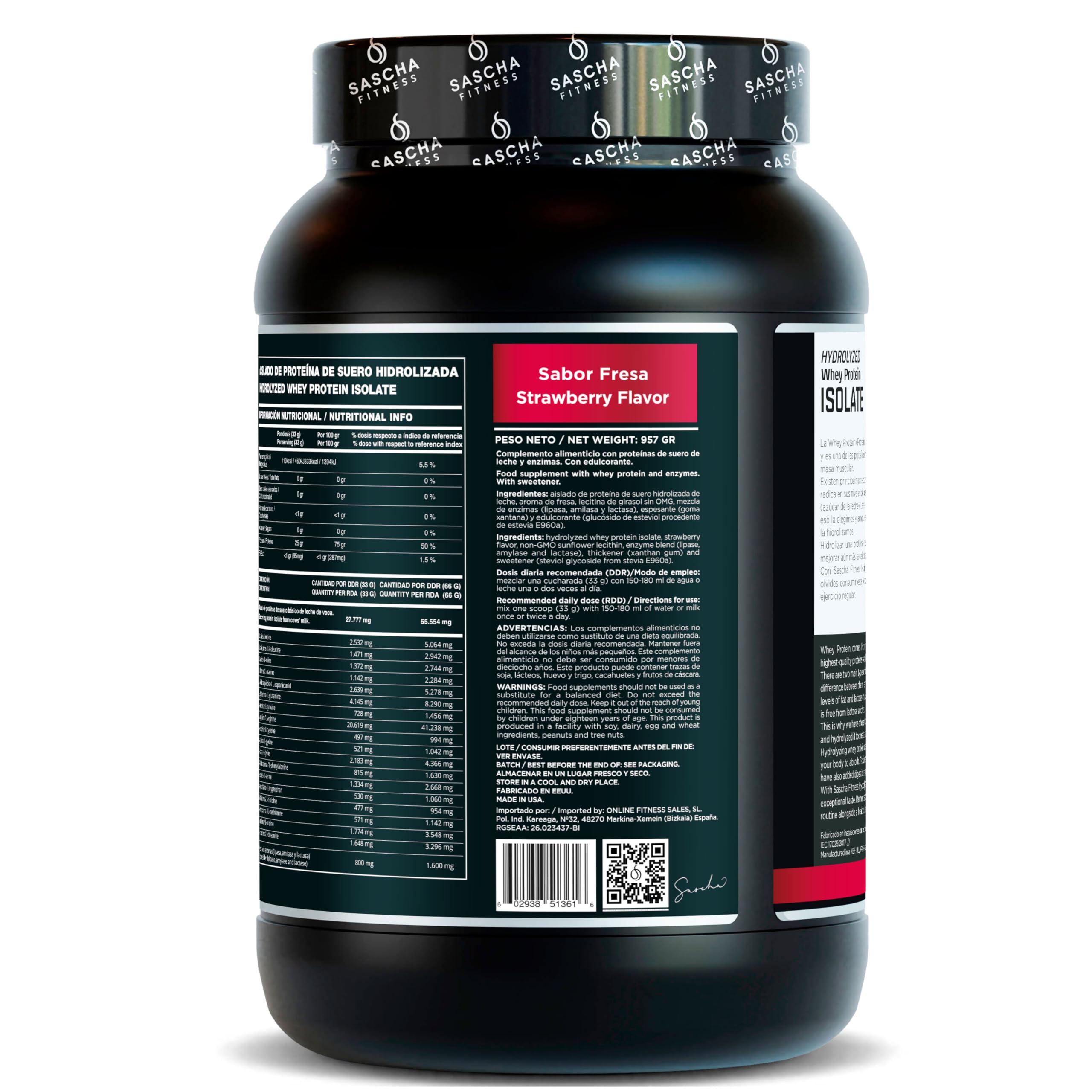 Sascha Fitness hydrolyzed whey strawberry powder container highlights zero carb formula
