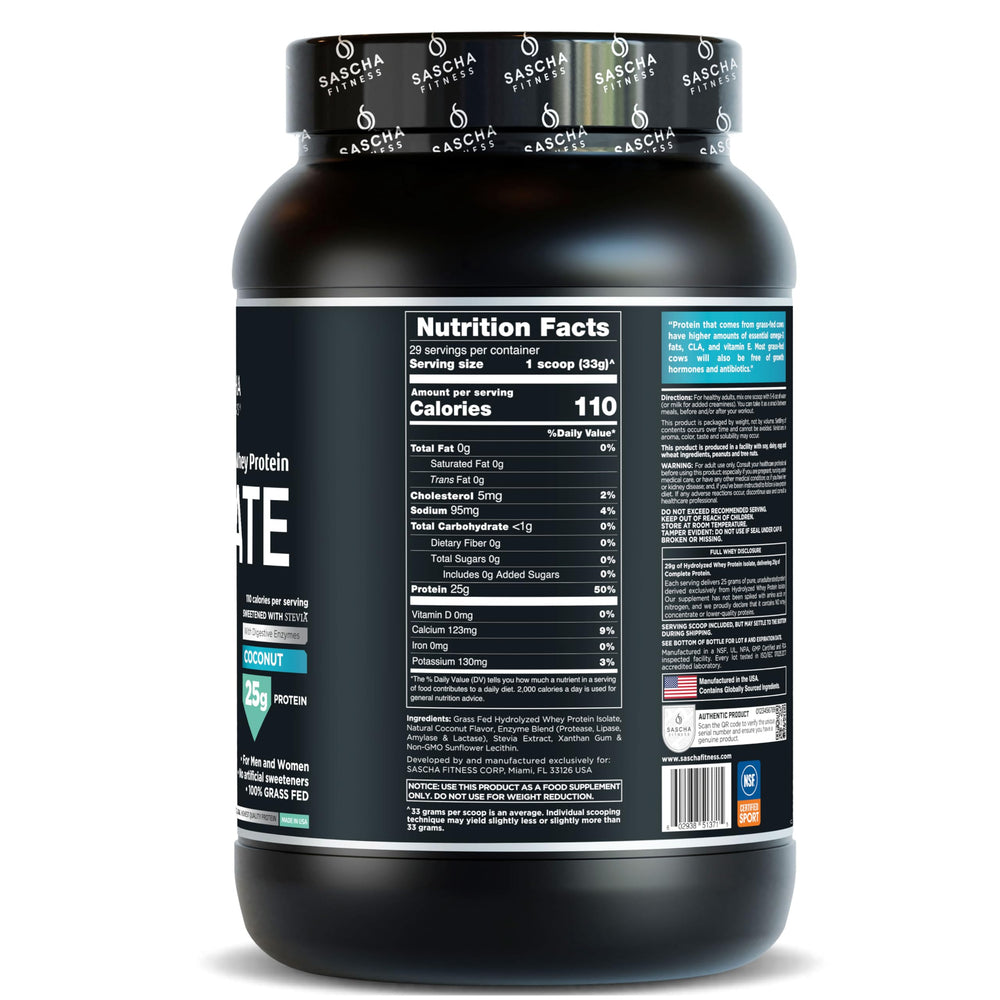 SASCHA FITNESS coconut label close-up — confirms 100% grass-fed protein and hydrolyzed formula.