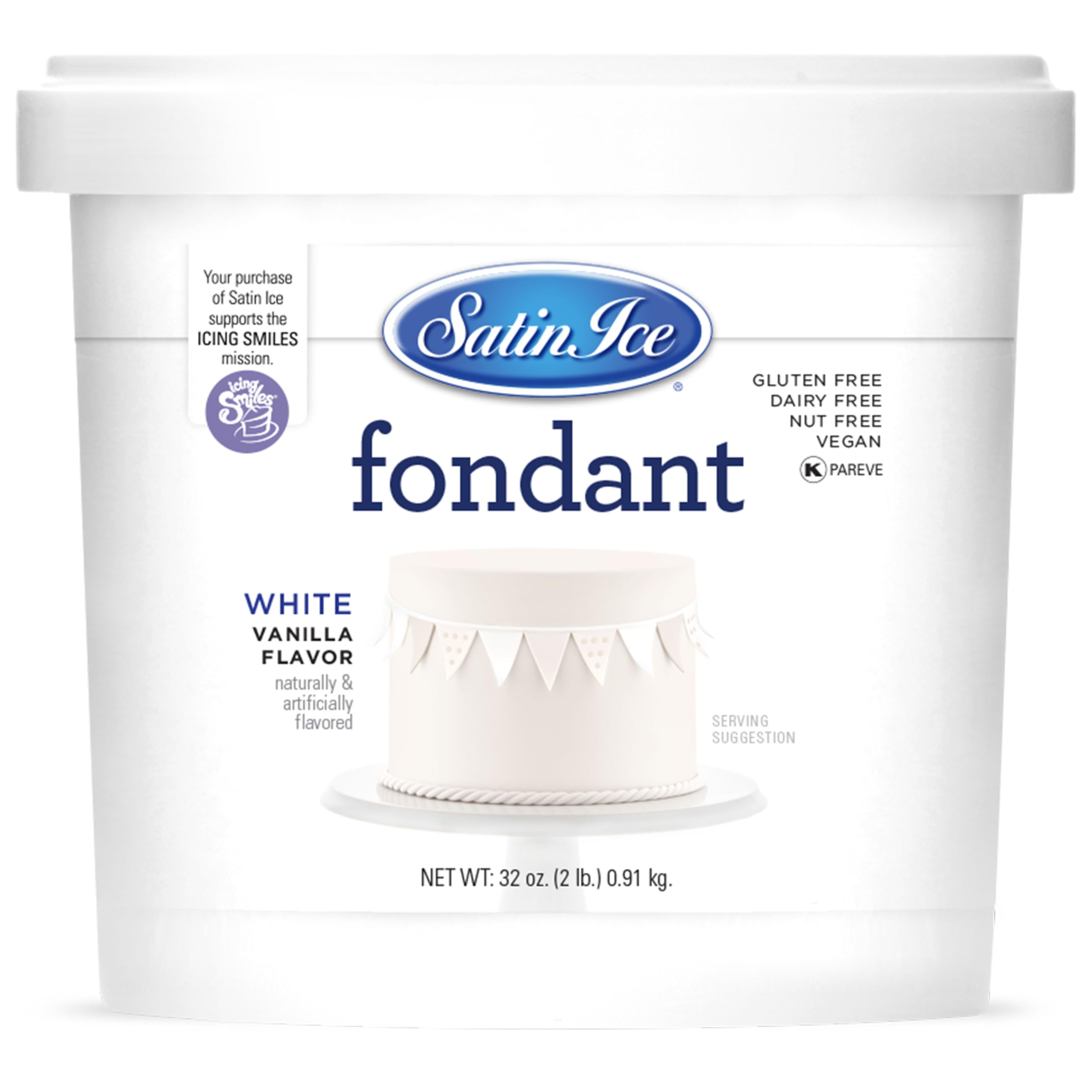 Satin Ice fondant cake-covering in white for a smooth, flawless finish and clean edges.