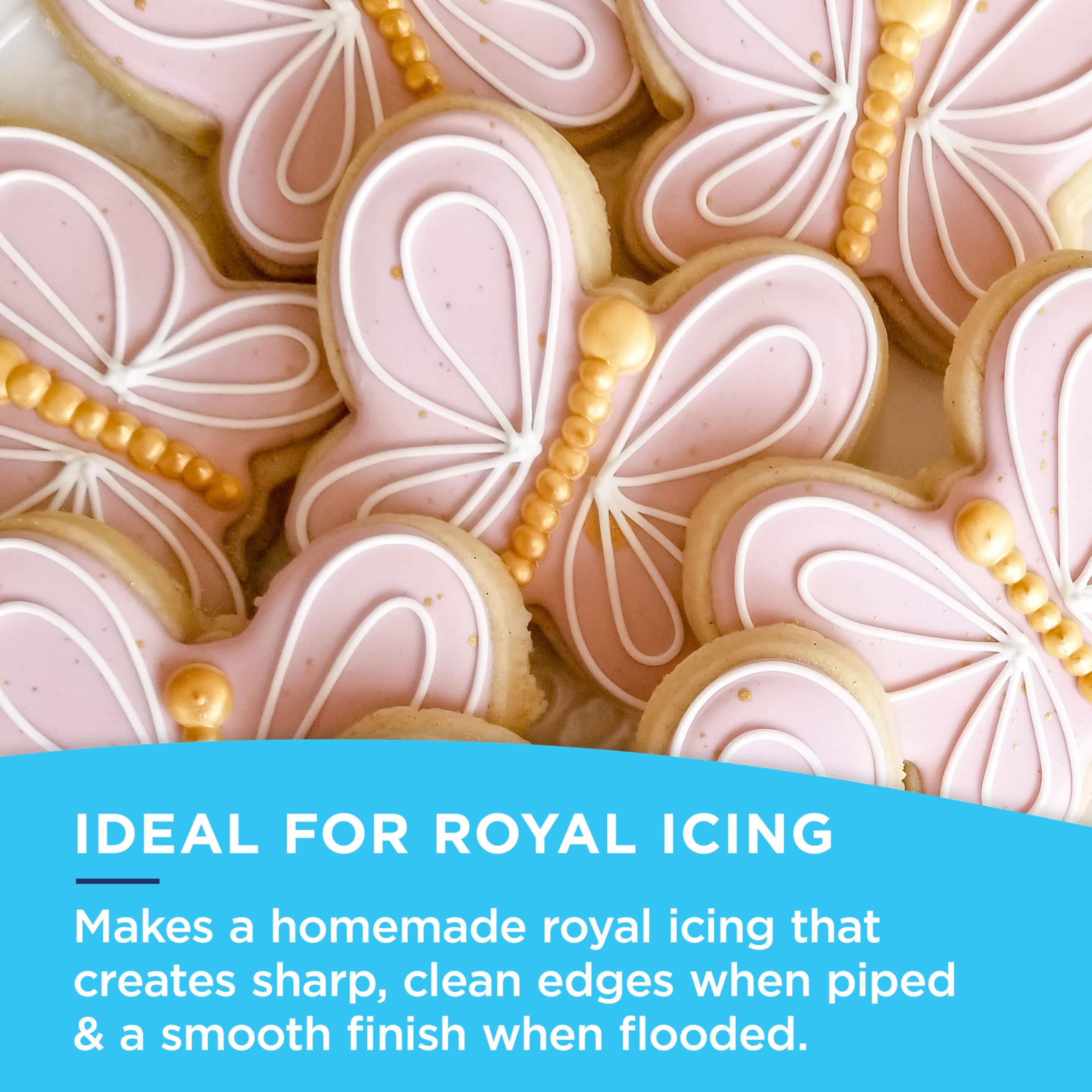Satin Ice Meringue Powder Royal Icing Piping captures sharp lines for decorate-ready cookies