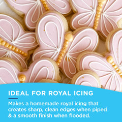 Satin Ice Meringue Powder Royal Icing Piping captures sharp lines for decorate-ready cookies