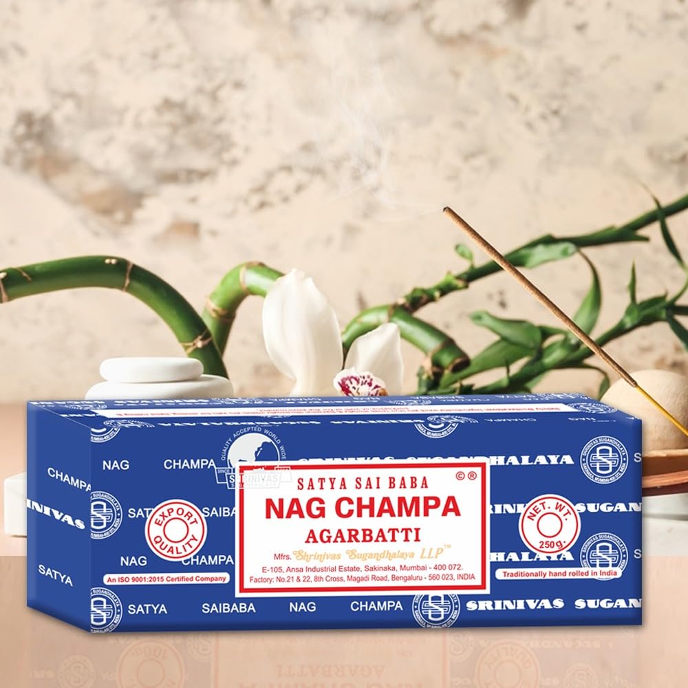 Satya Sai Baba Nag Champa hand-rolled incense, ideal for meditation sessions.